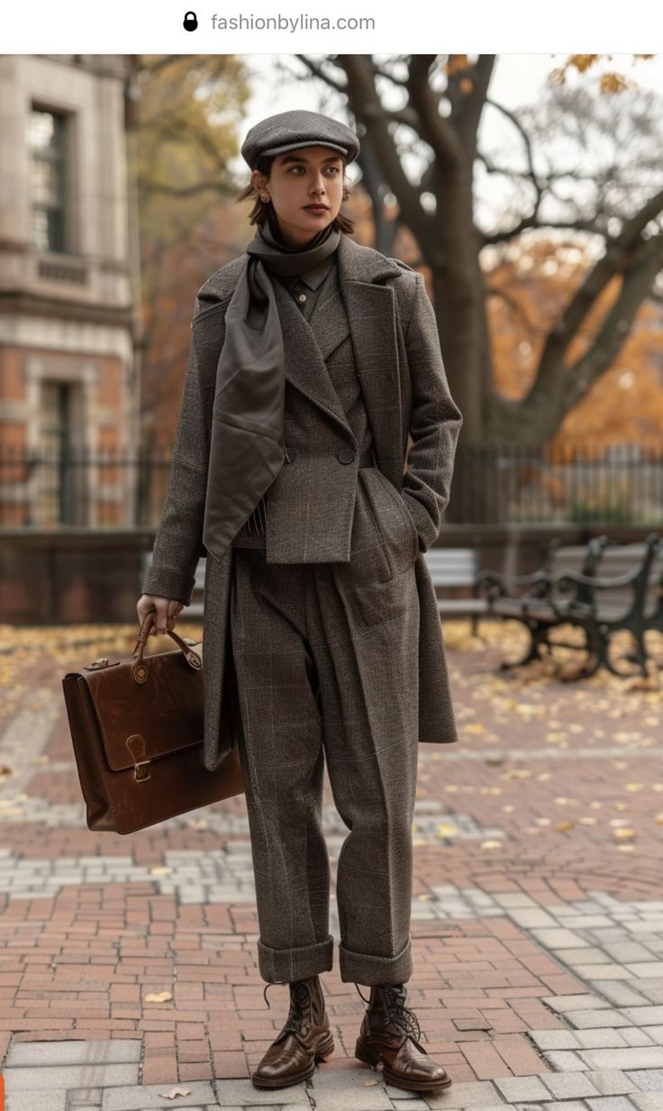 a full shot of a fashionable woman in a brown plaid pantsuit, a newsboy cap, and brown boots. she's carrying a brown briefcase. the setting is outdoors in a city environment with autumn leaves on the ground and trees in the background.  her outfit is styled in a classic, sophisticated way. the overall color palette is muted earth tones.