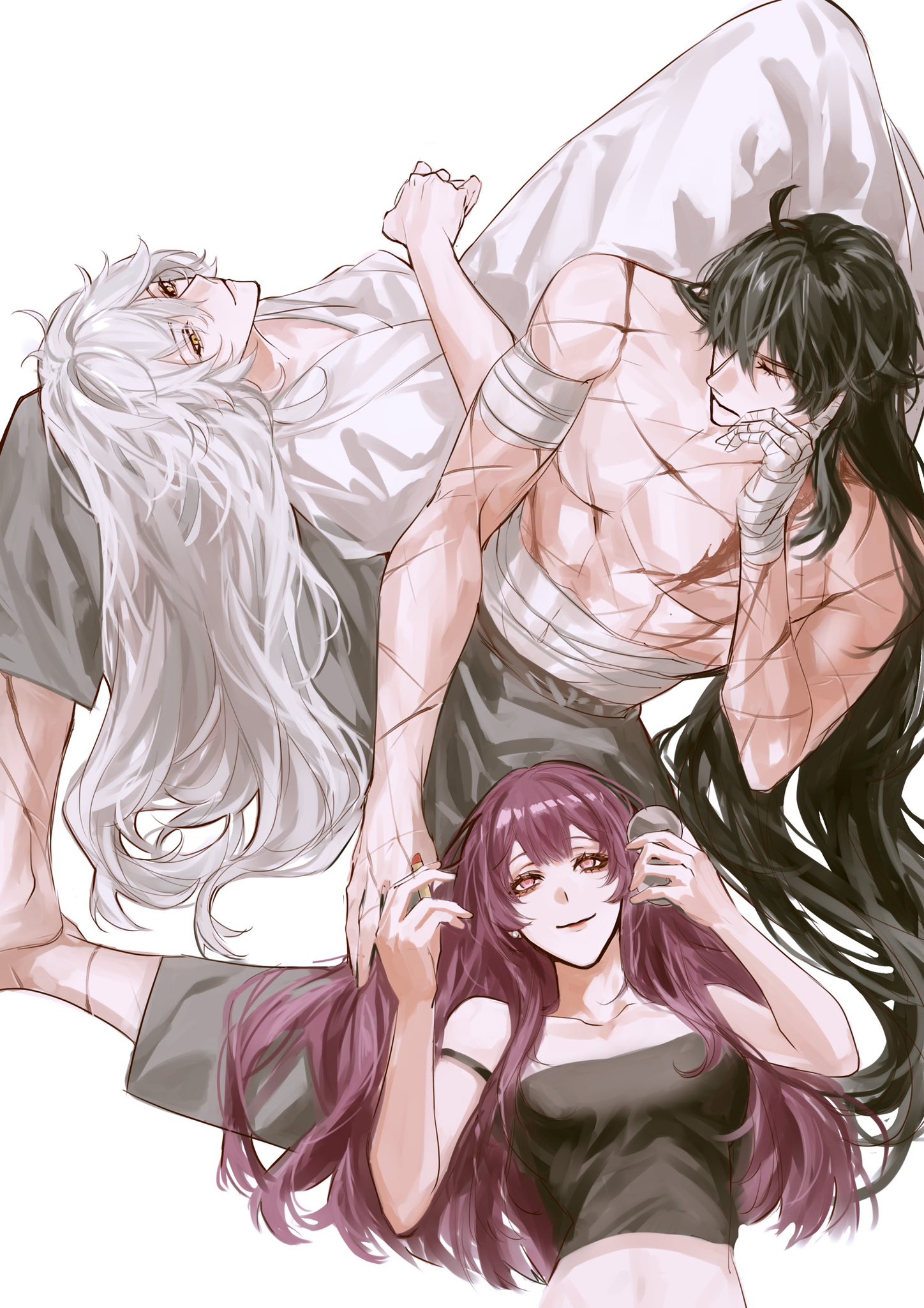 the image shows three anime characters, a girl with long purple hair, a man with long white hair, and another man with long black hair. they are all lying on the floor and smiling at each other, the man with white hair is lying on his back, while the other two characters are lying on their stomachs. the man with white hair and the man with black hair are both wearing bandages, suggesting they might have been hurt.  the man with black hair has his arm around the girl with purple hair, and they appear to be friends. the image has a happy and friendly atmosphere.