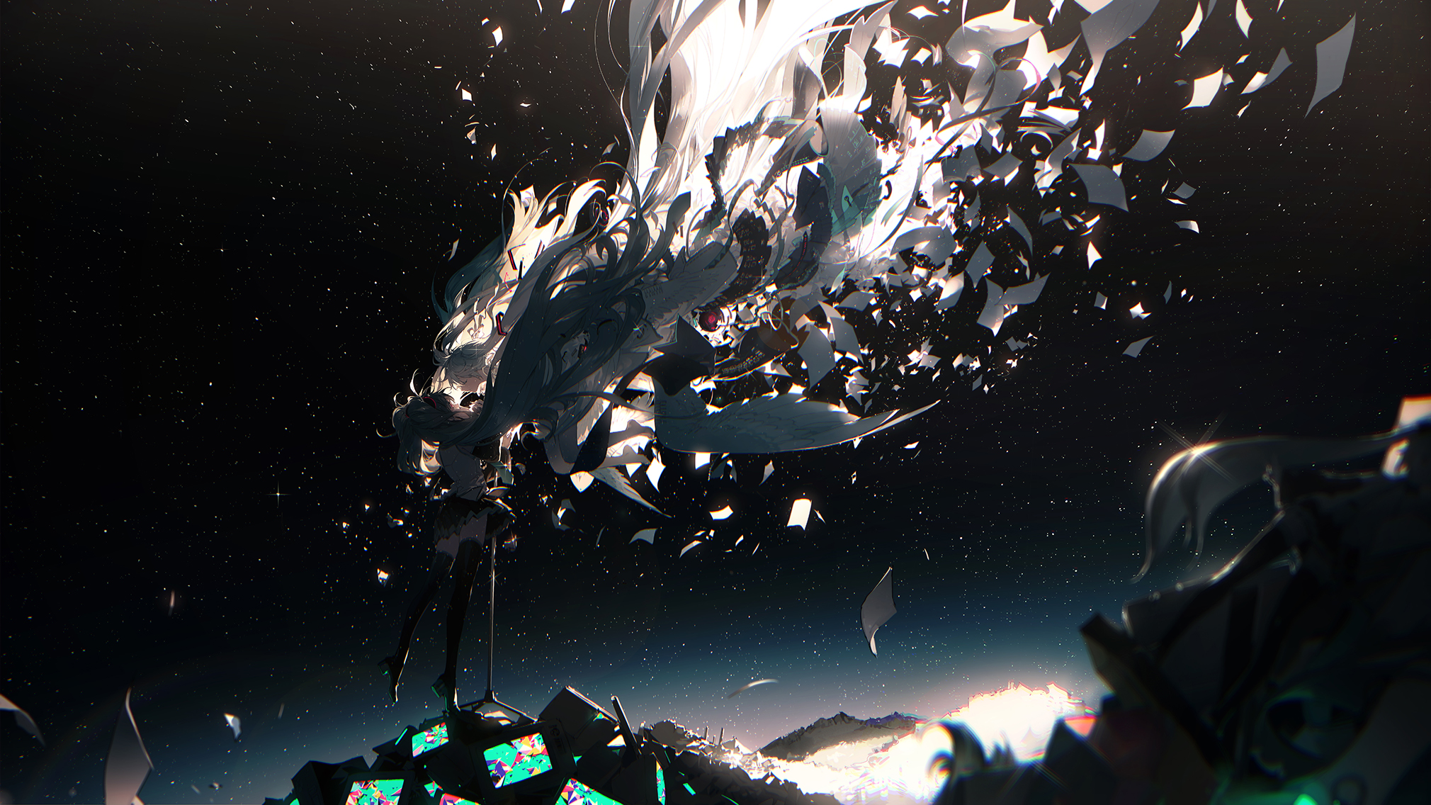 the image depicts an animestyle girl standing on a pile of broken objects, possibly monitors, with a backdrop of space. the girl appears to be disintegrating or breaking apart, with pieces of her hair and clothing turning into flying papers. the night sky is visible behind her, filled with stars. the overall scene suggests destruction, chaos, and a futuristic setting. some parts of the ground glow.