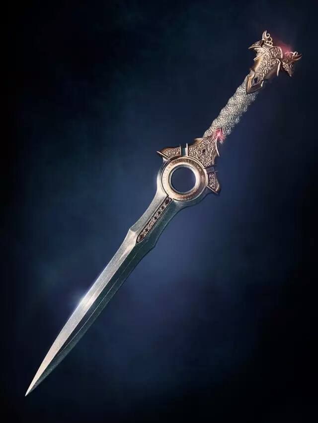 a highly detailed, ornate sword or dagger with a silver blade and gold handle, featuring a dragon design on the pommel and a circular guard. the overall aesthetic is fantasythemed.