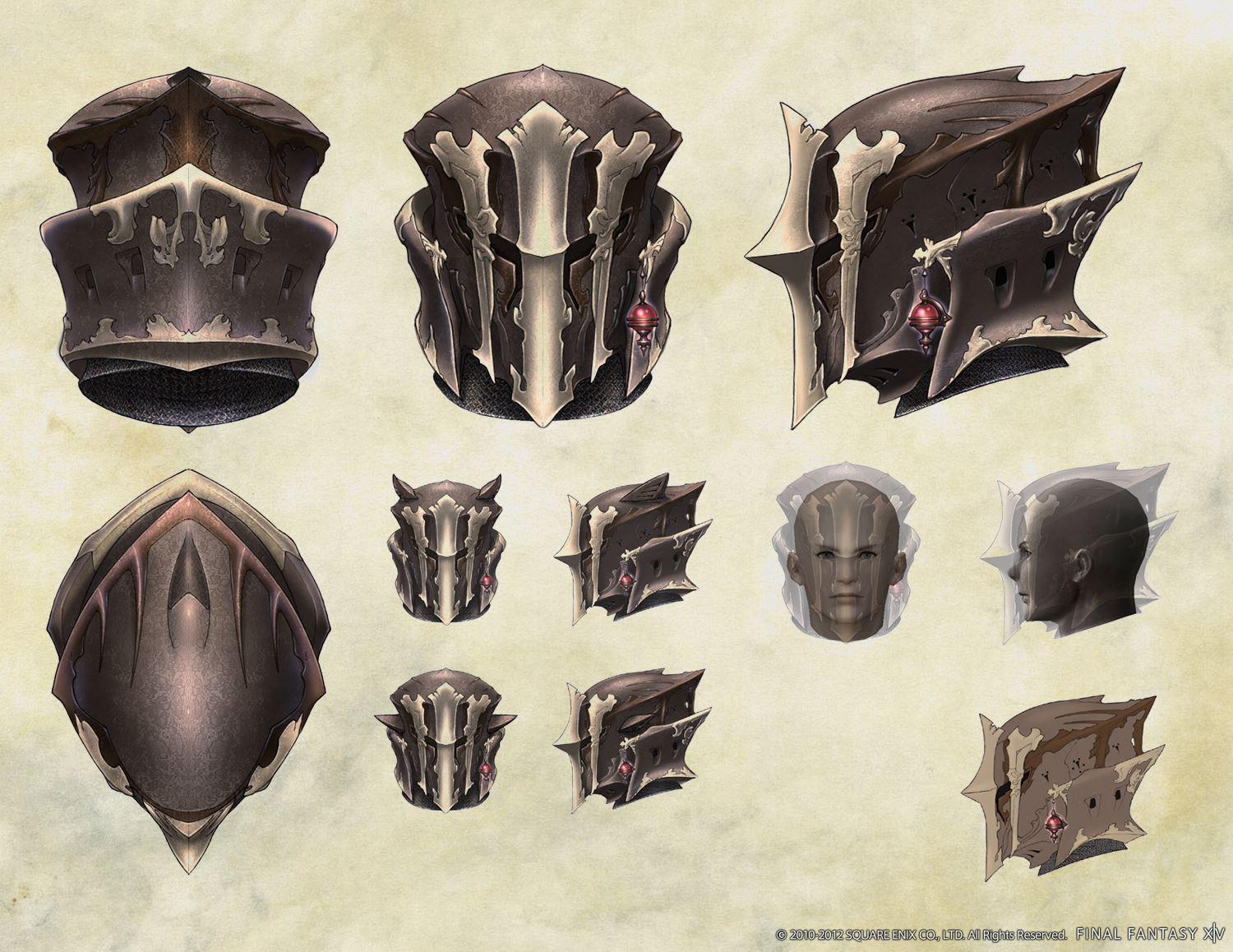 a detailed illustration showcasing a helmet design from the video game final fantasy xiv. the helmet, crafted from dark metal with intricate engravings, is presented from multiple angles – front, side, top, and threequarter views. additionally, smaller icons depict the helmet from various perspectives. two illustrations feature a male and female character model, providing a visual representation of how the helmet would appear when worn. the overall color palette consists of muted browns and grays, contributing to a weathered and rugged aesthetic.