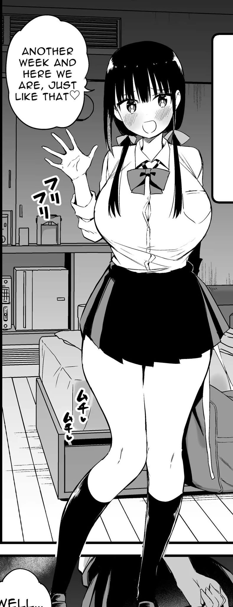 a manga panel depicts an anime girl wearing a school uniform consisting of a white collared shirt with a bow, a short black skirt, and black knee socks. she has black hair styled into pigtails, large breasts, and is speaking with a speech bubble above her head that reads, "another week and here we are, just like that." she is raising her hand in a wave gesture. there are japanese characters on the panel as well. the background includes a shelf, what appears to be a radio, and part of a bed.