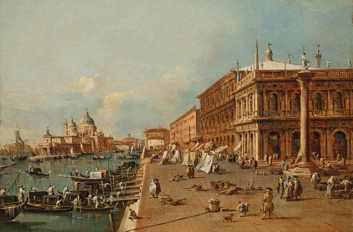 the painting depicts a bustling scene on the waterfront of venice, italy. in the distance, the dome of the basilica di santa maria della salute can be seen across the canal. closer to the foreground is a large building with intricate architectural details, possibly the doge's palace, featuring columns, statues, and arched windows. numerous people are depicted going about their daily lives, including vendors at stalls, and figures strolling along the waterfront. several boats and gondolas are navigating the canal, and a few dogs roam freely in the area. the piazza san marco seems to be filled with a crowd of people. the atmosphere is lively and dynamic, capturing the essence of a busy day in venice.