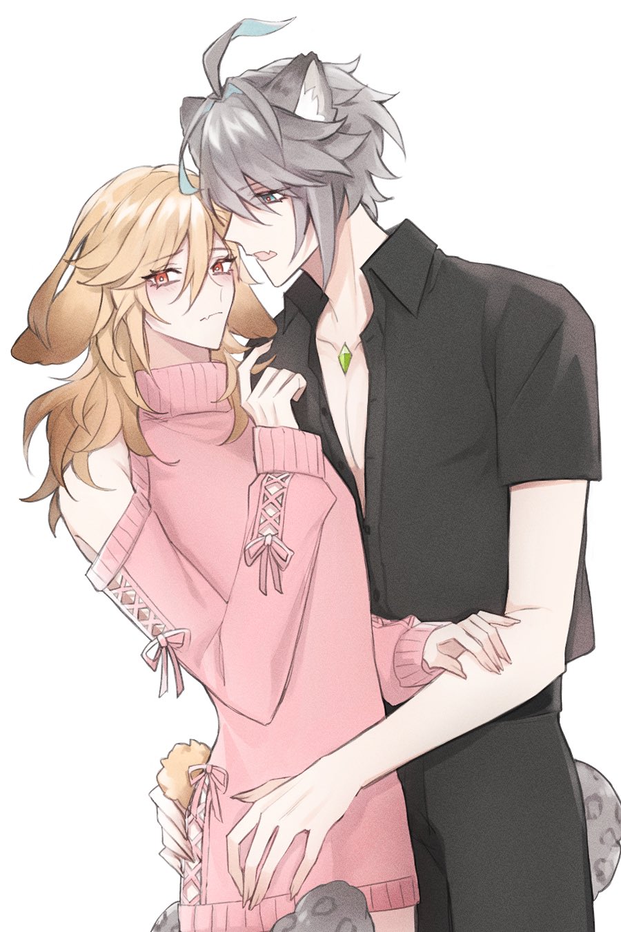 the image depicts an anime couple embracing each other. the female character is dressed in a pink sweater with cute embellishments and has animal ears, likely cat ears. the male character is wearing a black shirt with a green pendant and has cat ears. the female character is resting her hand on the male character's shoulder, while the male character has his arm wrapped around her waist. the image portrays affection and a loving relationship between the couple.