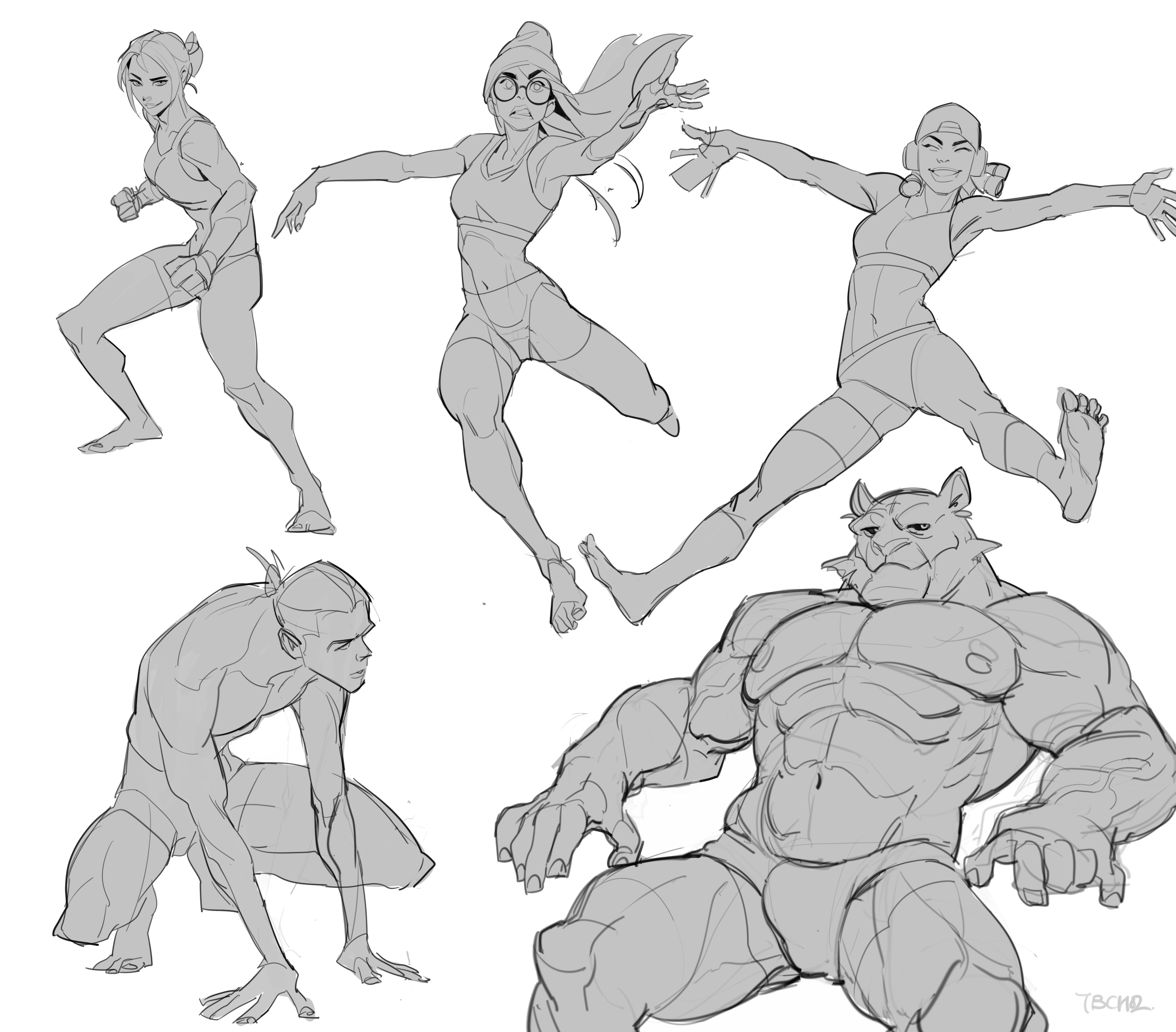 the image contains several dynamic sketches of human and anthropomorphic figures in various poses.  there are three female figures, one in a crouching fighting stance, another midjump, and a third seemingly reaching or leaping.  there's also a male human figure in a crouched position and a large, muscular anthropomorphic tigerlike creature lying down. the style is loose and expressive, characteristic of gesture drawing and concept art, using primarily lines and shading to suggest form and movement. the overall aesthetic is consistent with a quick sketch style, focusing on capturing the essence of the poses rather than detailed rendering. the figures suggest an active, possibly actionoriented context.