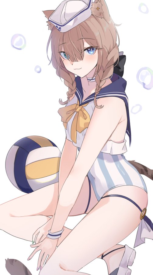 an anime girl with cat ears and a sailor outfit is sitting with a volleyball. she is smiling and looking happy, and she has a playful expression on her face. she has blonde hair and blue eyes.  the background is light blue and white. it's a very charming and cute image!