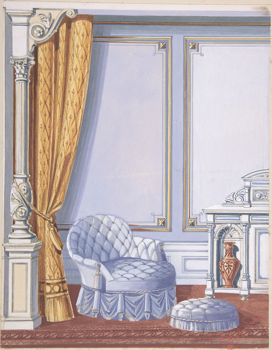the image shows a classical interior design with a blue armchair and ottoman, a brown vase within a white console table, and a gold curtain draped beside a white column. the walls are adorned with blue paneling and gold molding, and a brown carpet covers the floor.