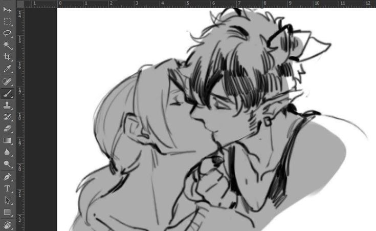 the image is a black and white sketch depicting two individuals in a romantic embrace. they are kissing, and the drawing style is reminiscent of a cartoon. both figures appear to have elflike ears, suggesting a fantasy element in the artwork. the sketch is likely a digital drawing, given the clean lines and lack of traditional art supplies visible.