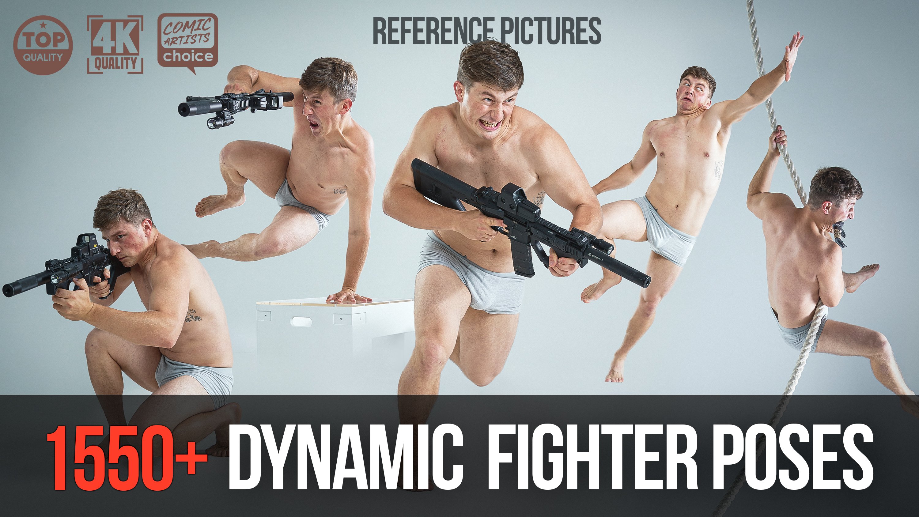 the image is an advertisement for a set of dynamic fighter poses.  it showcases a man in several different action poses, most of which involve a weapon.  the poses are clearly dynamic and would be useful for anyone looking for reference material for a combatrelated drawing or illustration.  the text at the bottom reads, "1550+ dynamic fighter poses."