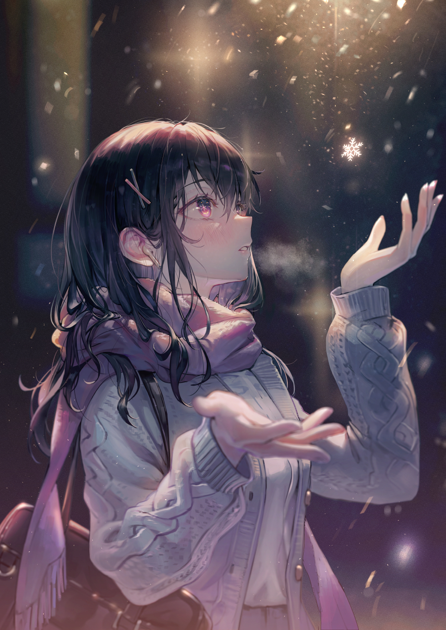 the image showcases an anime girl standing in the midst of falling snow at night. she's dressed in a light purple sweater, a matching scarf, and has long dark hair. her hands are outstretched, as if reaching for or catching the snowflakes, and she looks up with a peaceful expression, enhancing the ethereal quality of the scene. the background suggests a city at night, blurred and out of focus to center attention on the girl and the falling snow. the overall style is soft and dreamy, evoking a sense of wonder and tranquility.