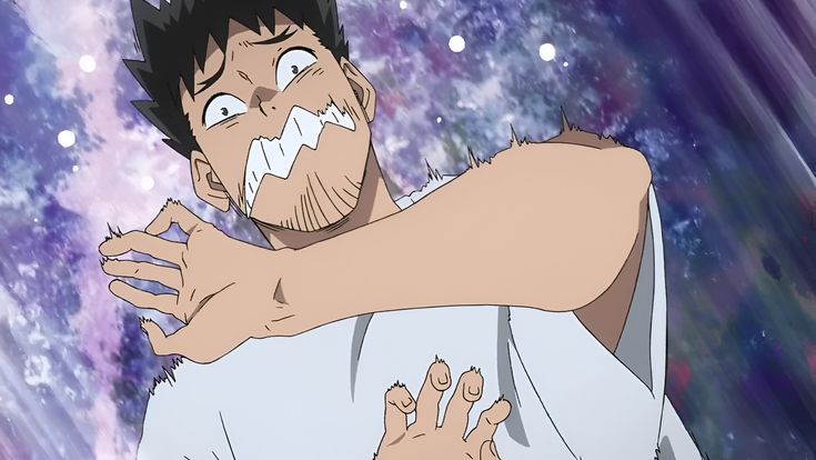 the image shows a man with a look of terror and agony on his face. his mouth is wide open in a silent scream, teeth bared, and his eyes are wide with fear. his hair is a stark black and seems to stand on end, blending into the dark background of space. he is wearing a simple, white, shortsleeved shirt. his arms are outstretched, fingers splayed, as if reaching for something or trying to push himself away from an unseen threat. there's a sense of movement and struggle, as if he's being pulled or pushed by an unseen force. the background is a swirl of purple and blue, representing outer space, with streaks of white that suggest motion or perhaps energy.  the overall impression is one of intense fear, helplessness, and impending doom.