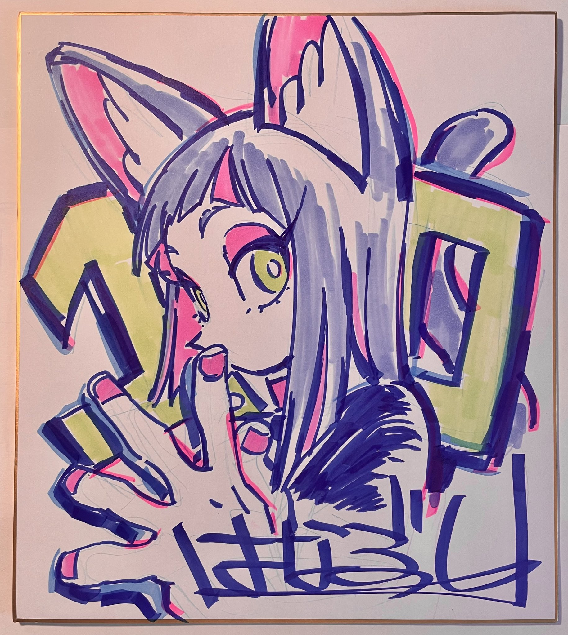 a vibrant marker drawing of an animestyle catgirl.  she is framed from the chest up and holds her hand outstretched toward the viewer, her index finger slightly raised. her large eyes, cat ears, and playful expression contribute to a charming and energetic presence. the number "100" is incorporated into the composition behind her. the artist's signature is visible at the bottom of the drawing.