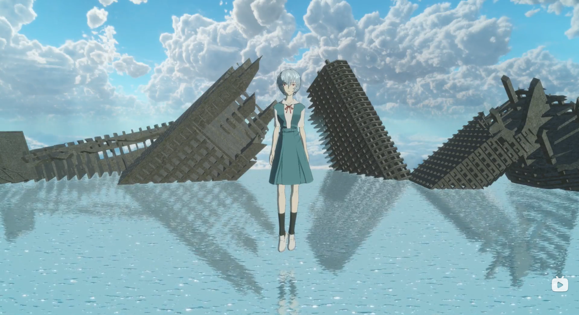 this is a digital illustration of a young anime girl standing in the water. the sky is blue with white clouds. there are buildings on the water, seemingly abandoned and destroyed. the girl is wearing a blue and white school uniform with a red bow.