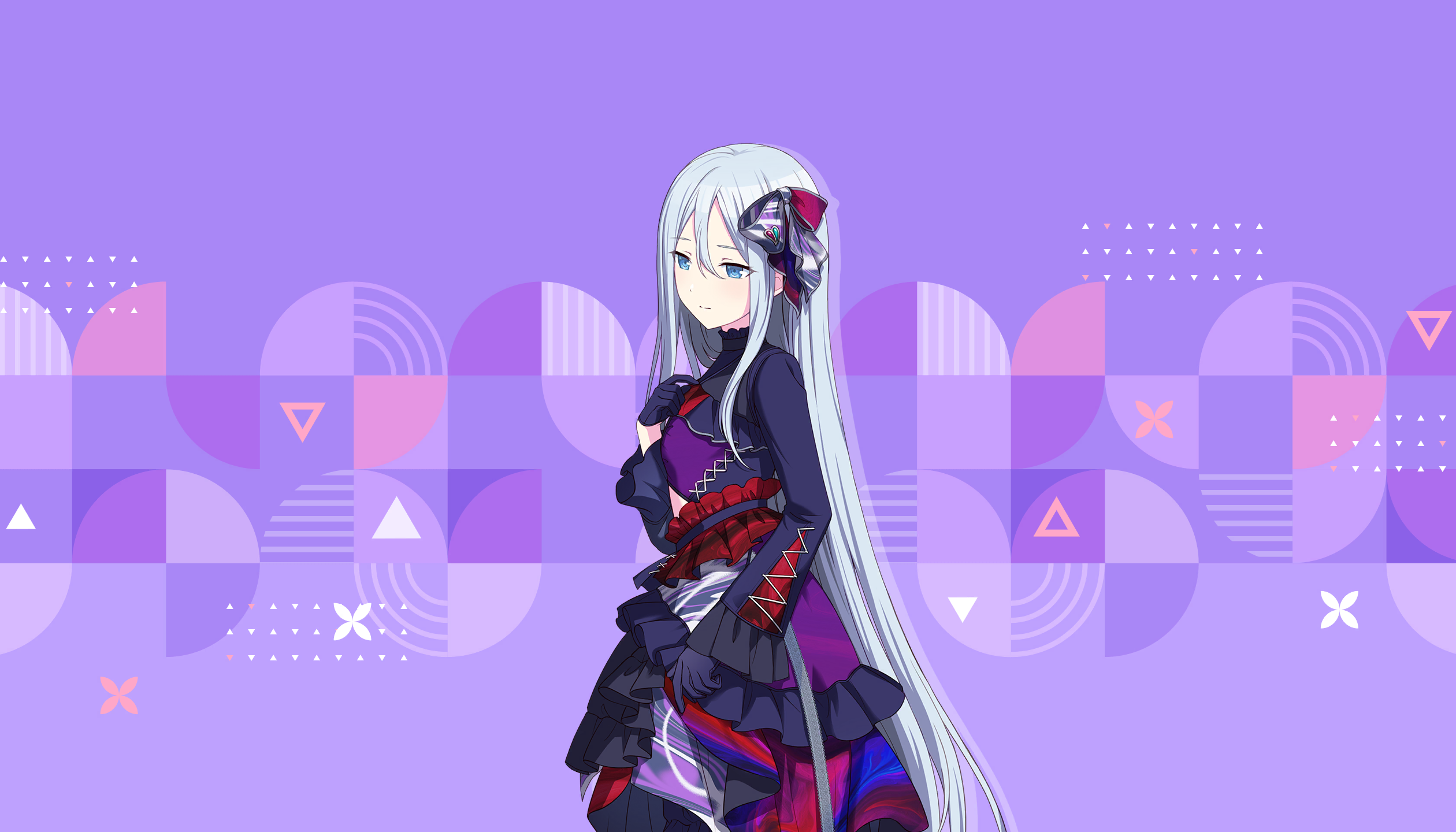 the image features an anime girl with long, flowing white hair and striking blue eyes. she is wearing a stylish purple dress with dark sleeves and ruffles. her hair is adorned with a ribbon accessory. the background is a geometric design with various purple shapes, including circles, triangles, and x shapes. the overall color scheme is predominantly purple.