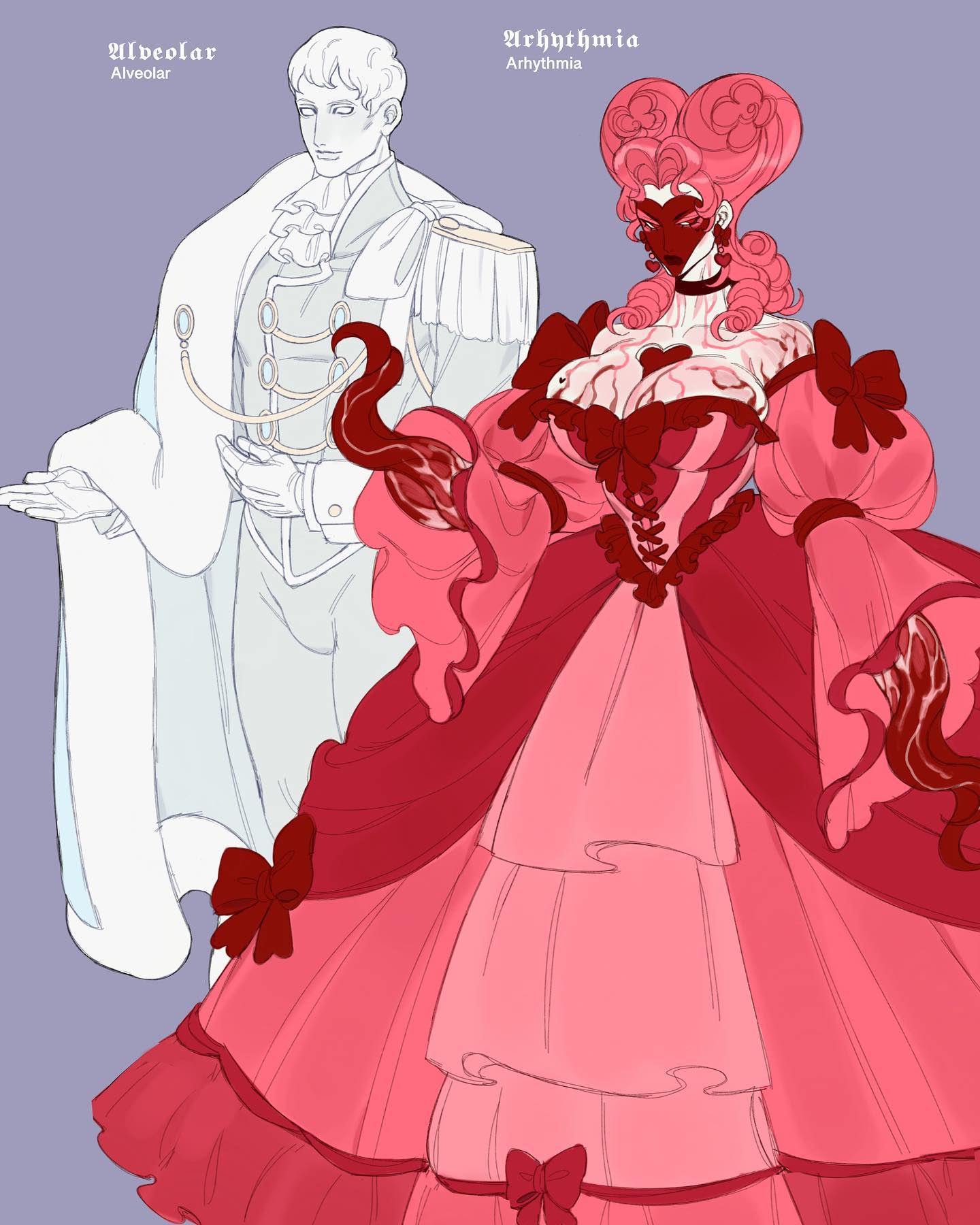 he image shows a digital drawing of a couple dressed in formal attire. the man is wearing a light grey/white suit with a long coat, and the woman is wearing a large, elaborate, multilayered pink and red dress with bows. the woman's face is partially obscured by a mask.  the style is reminiscent of a fairytale or fantasy setting, with a touch of baroque or rococo influences. the background is a solid, light purple color.  the artwork is labeled with "alveolar" and "arrhythmia" on either side of the couple, indicating a possible connection between the characters and the titles. the overall style is elegant and detailed.