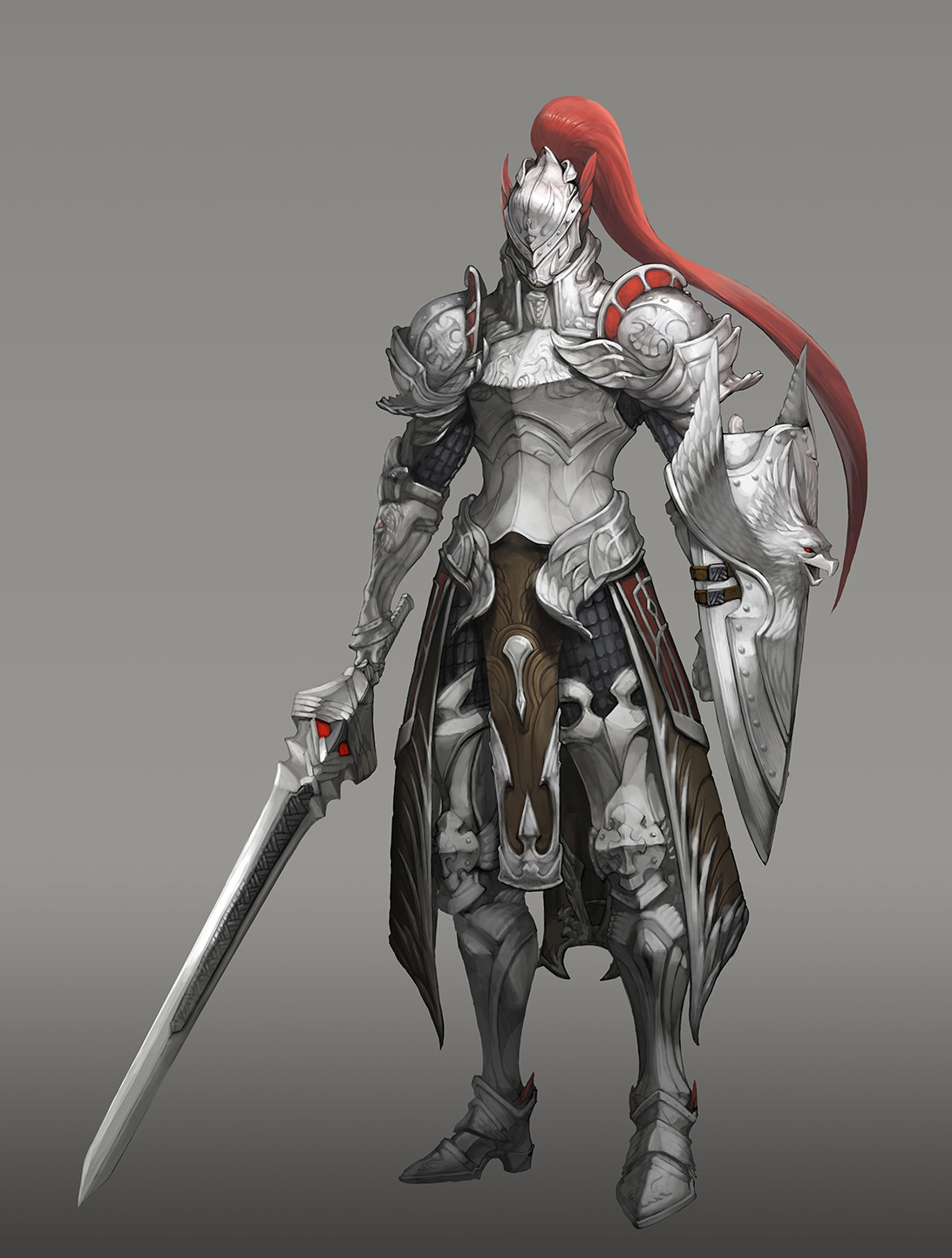 a digital illustration of a knight in elaborate silver and red armor stands against a gray background. the knight holds a long sword with a red jewel in the hilt and a shield with a stylized eagle motif. their helmet fully encases their head, with only a long red ponytail flowing out the back. the armor is highly detailed, with numerous plates, pauldrons, and accents.  the image utilizes a stylized and semirealistic art style.