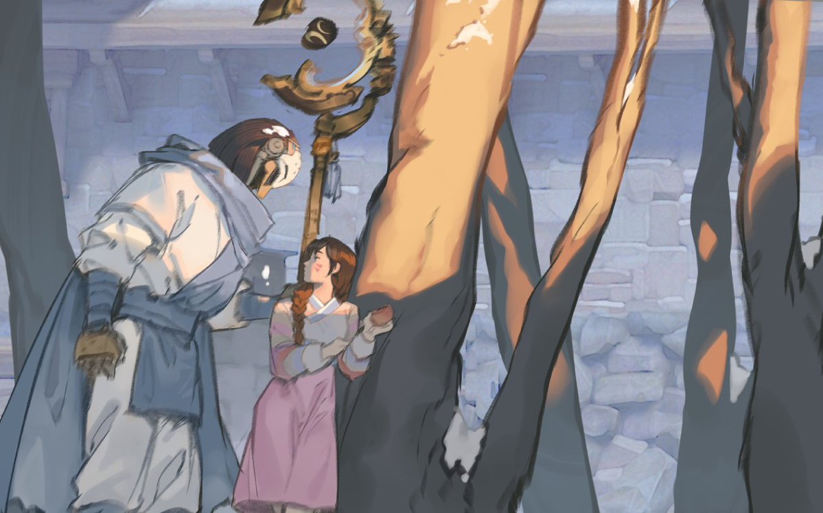 a digital painting shows a woman in a pink hanbok standing next to a large tree, looking up at a man with a mask and staff.