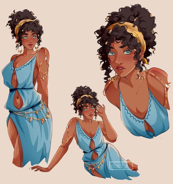 the image showcases a digital illustration featuring a darkskinned woman, possibly inspired by greek mythology, depicted in three different poses.  she wears a light blue, grecianstyle dress adorned with gold jewelry and accessories, including a gold headband. her hair is styled in loose, curly updos. the art style is clean, detailed, and employs vibrant colors, creating a visually appealing and elegant portrayal of the character. the varied poses provide a comprehensive view of her design.