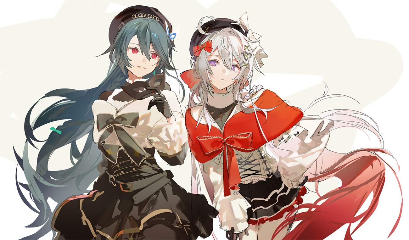 the image showcases a vibrant digital painting or illustration featuring two animestyle girls. the girl on the left has long, flowing teal hair, a dark beret adorned with a gold chain, and wears a dark and elegant outfit with black gloves and a large bow. her eyes are a striking red. the girl on the right possesses long, white hair with streaks of pink, a red beret, and a red and white outfit accented by a large red bow.  her eyes are a soft purple. both girls are portrayed in a stylish, painterly style with flowing lines and a soft color palette punctuated by the vibrant colors of their accessories and clothing. the overall style is reminiscent of  character art found in anime, manga, or video games.