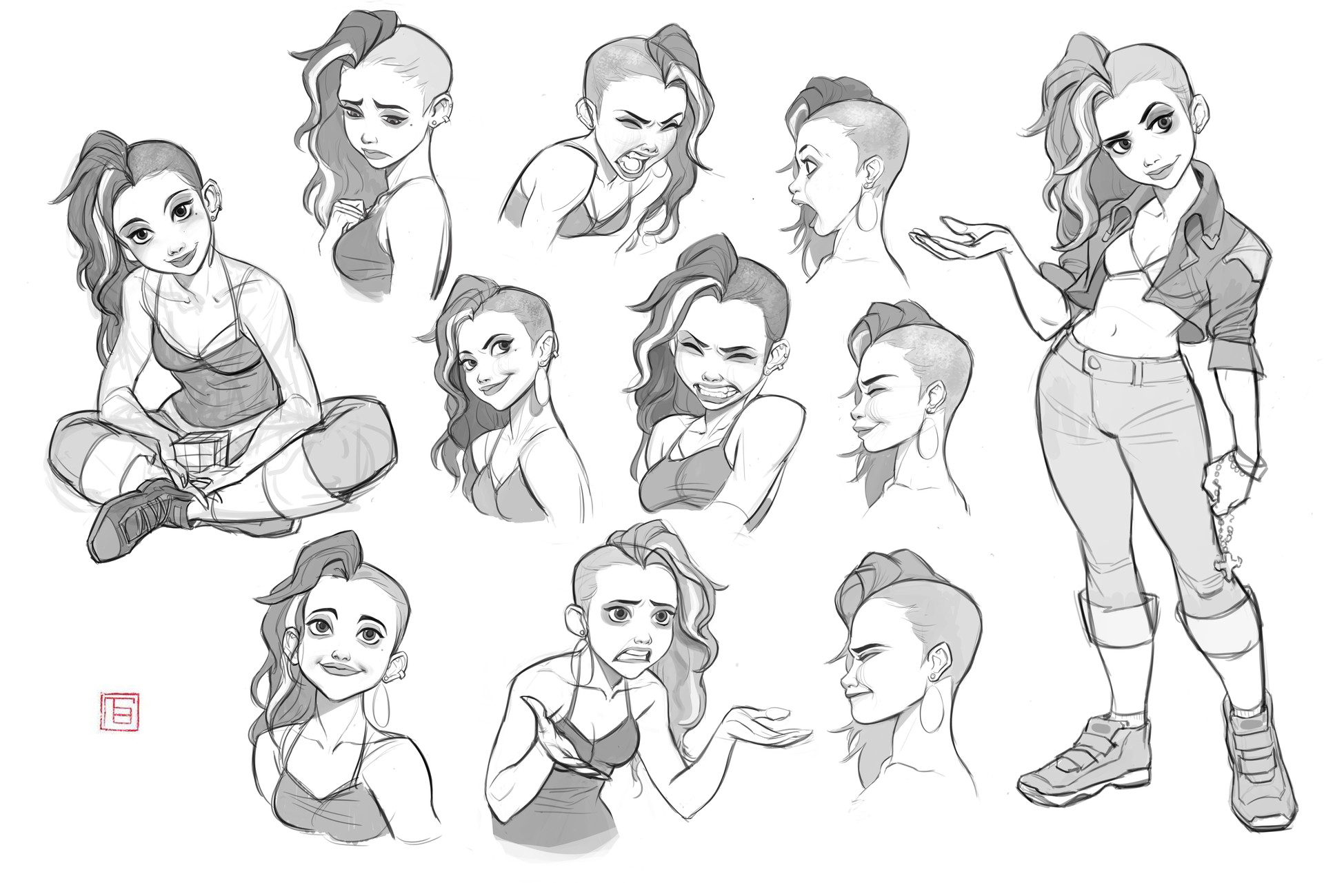 the image contains a collection of sketches and drawings of a young woman with various hairstyles, poses, and expressions. the style is cartoonish and expressive, with a focus on capturing different moods and attitudes.  several sketches show closeups of her face showcasing different emotions, while others show her full body in different poses. some sketches include details like a rubik's cube. the overall style is loose and dynamic. the sketches are done in grayscale pencil.