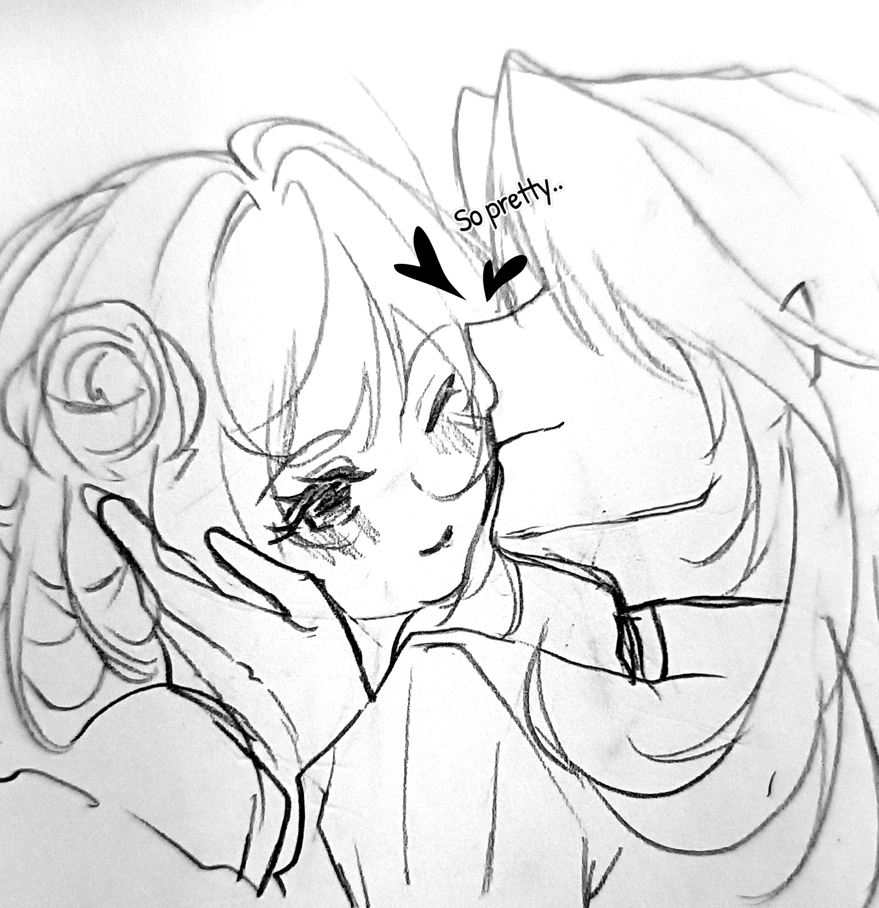 a simple black and white drawing of an anime couple. the girl with her hair pulled back and a soft smile, the boy holding her face and whispering "so pretty..." with a gentle touch. the art has a soft and sweet aesthetic.