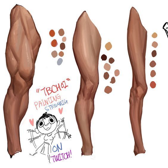 a digital illustration showcasing different ways to shade a muscular human leg. there's a color palette included for reference. there's also a cartoon person in the middle of the image inviting the viewer to watch the tutorial on twitch.