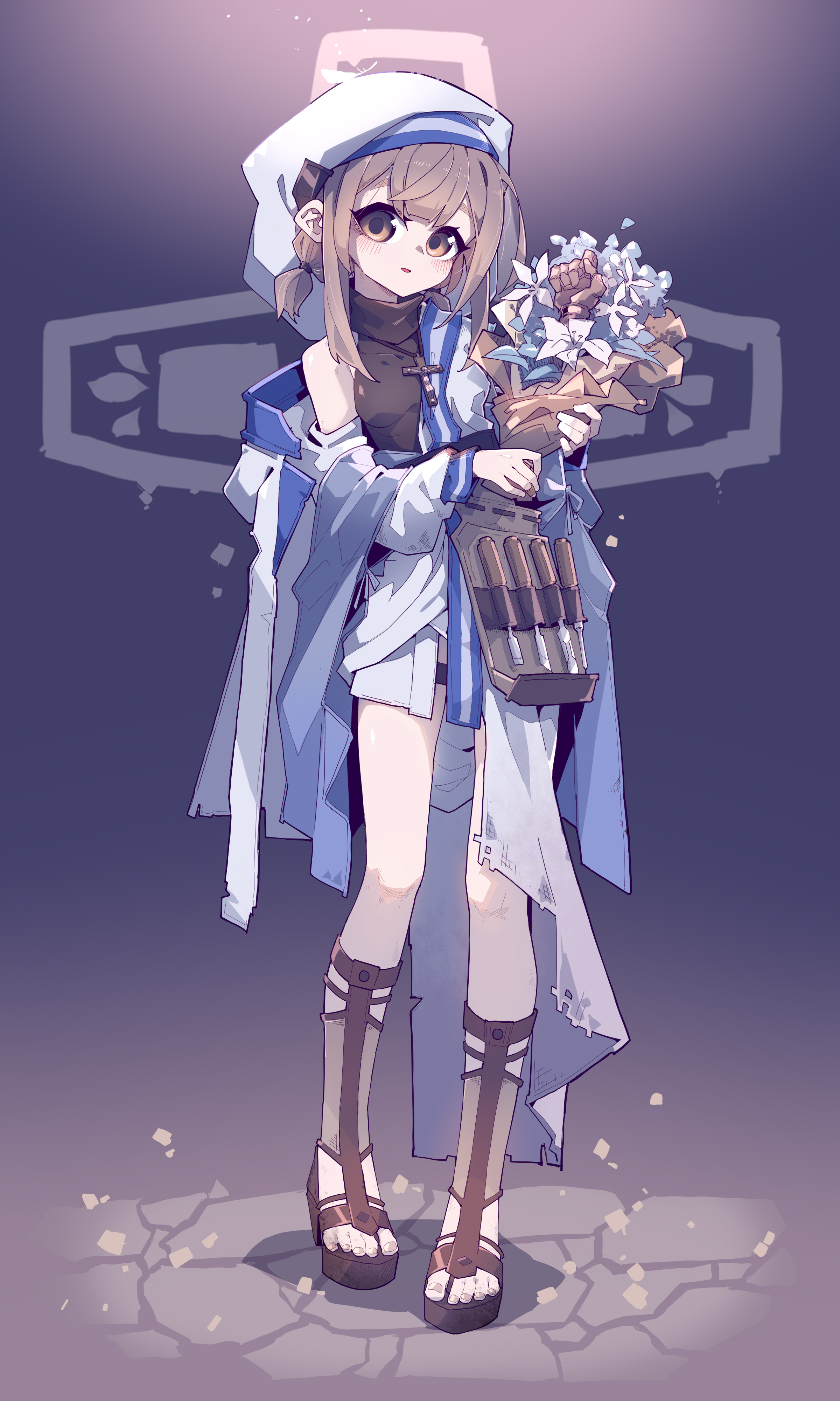 a digital illustration of a slender anime girl standing in front of a dark background with a hexagon design. she has brown hair and brown eyes, wearing a white headdress, a dark brown turtleneck, a long white robe with blue edging, and brown platform sandals. she is holding a bouquet of white flowers in her left arm and has a dark brown object attached to her right side. the floor is cracked and has light shining through the cracks. the overall color palette is soft and muted, with shades of white, brown, and blue dominating.