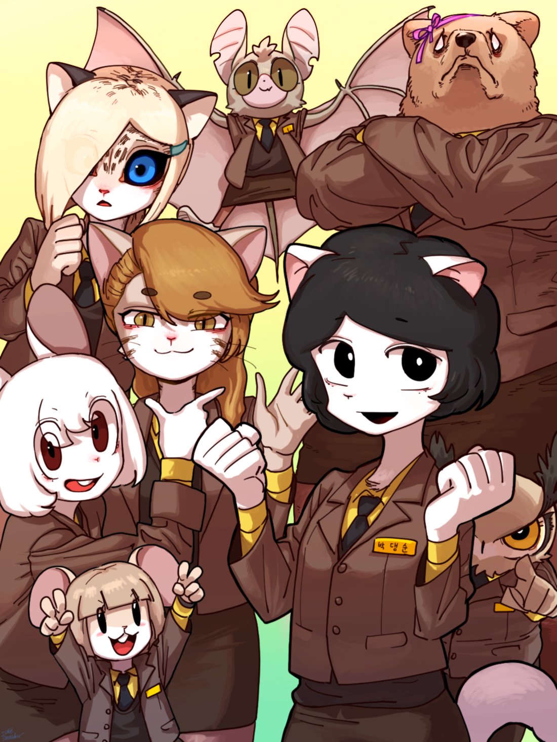 this is a cartoon illustration of a group of animal friends wearing school uniforms.  they are all smiling and appear to be happy.  there is a cat, a bear, a mouse, a bat, an owl and a rabbit.