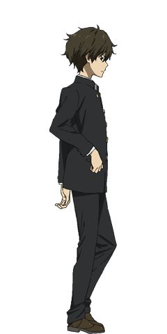 an anime boy with short, tousled brown hair and brown eyes, wearing a typical japanese school uniform, stands with his right hand in his pocket and his left hand slightly extended.