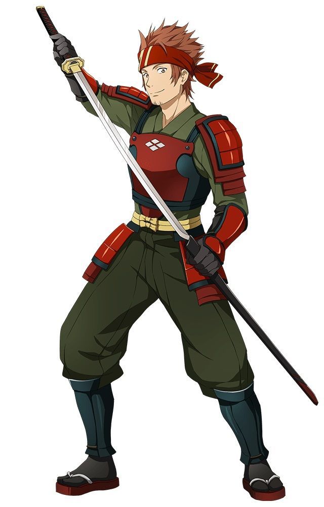 this is an anime illustration of a male samurai warrior. he is wearing a red samurai armor with green pants and black boots. he has a red headband on with red and black decorations. he is holding a sword with a white and black sheath in his left hand. his right arm is bent and his hand is on the handle of the sword. his right hand is in the middle of the sword. the samurai is standing on a white background.