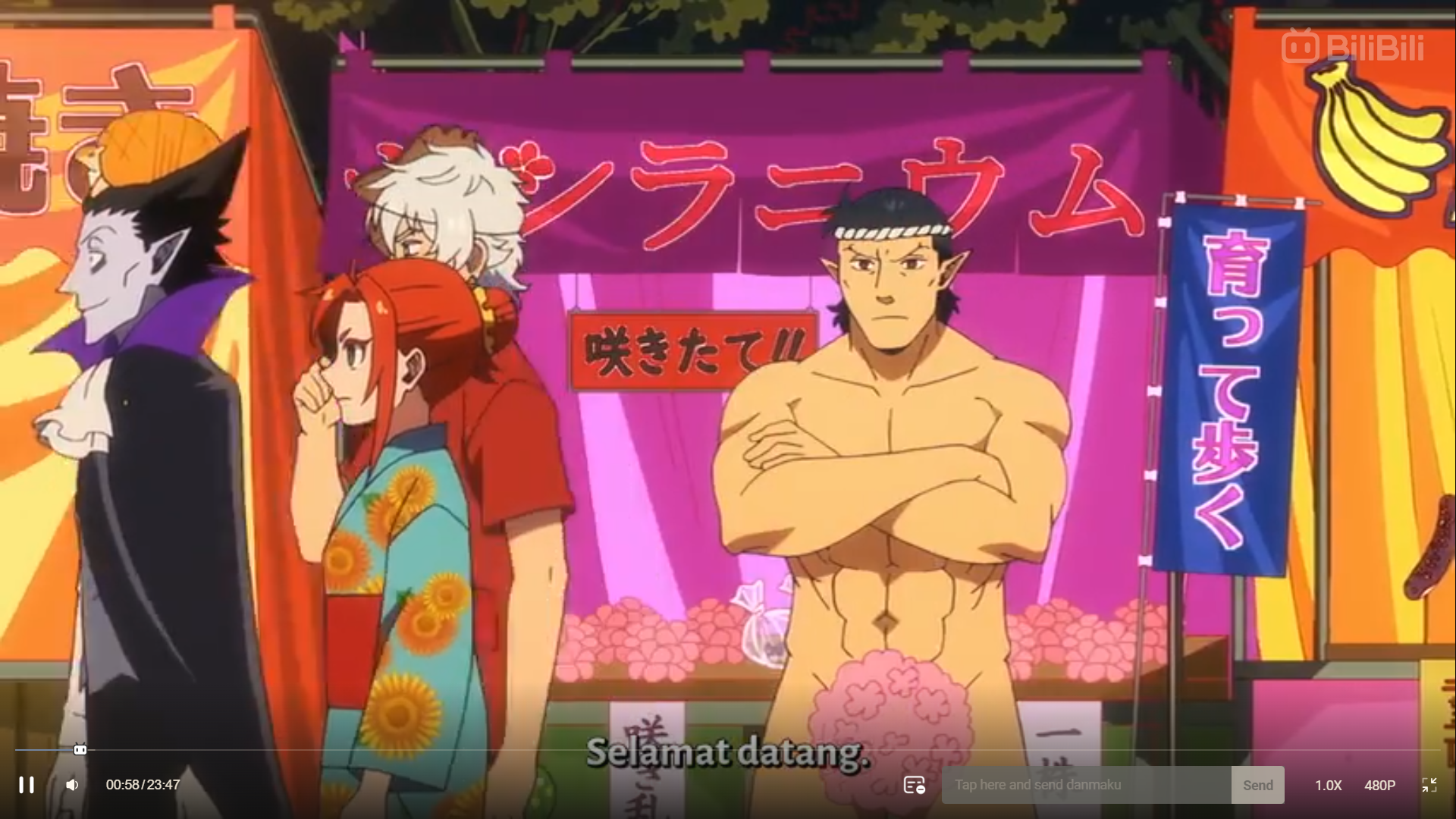 the image shows a screenshot from an anime, likely set during a japanese festival. four characters stand in front of a food stall selling "ranumu" (possibly a type of fried dough). the stall is decorated with colorful banners and strings of lights. the most prominent character is a muscular man standing front and center. he is wearing only a traditional japanese fundoshi loincloth and has his arms crossed. to his left is a woman with red hair wearing a sunflowerpatterned yukata (summer kimono). behind her stands a tall, pale figure with fangs, suggesting a vampire. a fourth character with white hair is partially obscured behind the muscular man. the scene suggests a comedic or lighthearted tone.