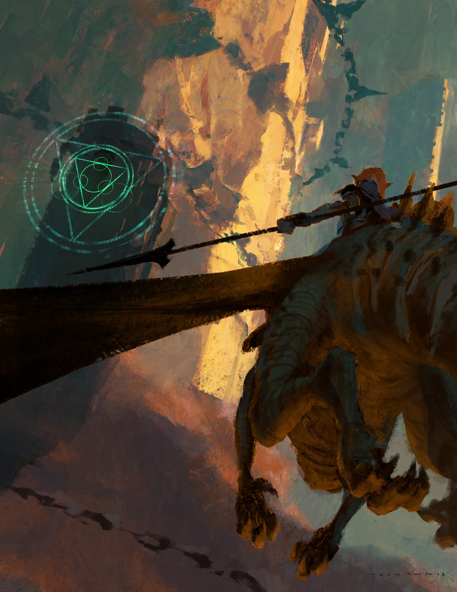 the image depicts a dynamic scene of a warrior riding a dragon in flight. the perspective is from below, looking up at the soaring figures against a backdrop of towering mountains and a hazy sky. the dragon, rendered in shades of brown and green, is powerfully built with sharp claws and a long, speared tail.  its rider, clad in armor, brandishes a spear towards a glowing green magic circle etched against the mountainside.  the lighting is dramatic, with warm light illuminating the figures from behind, creating a sense of depth and action.