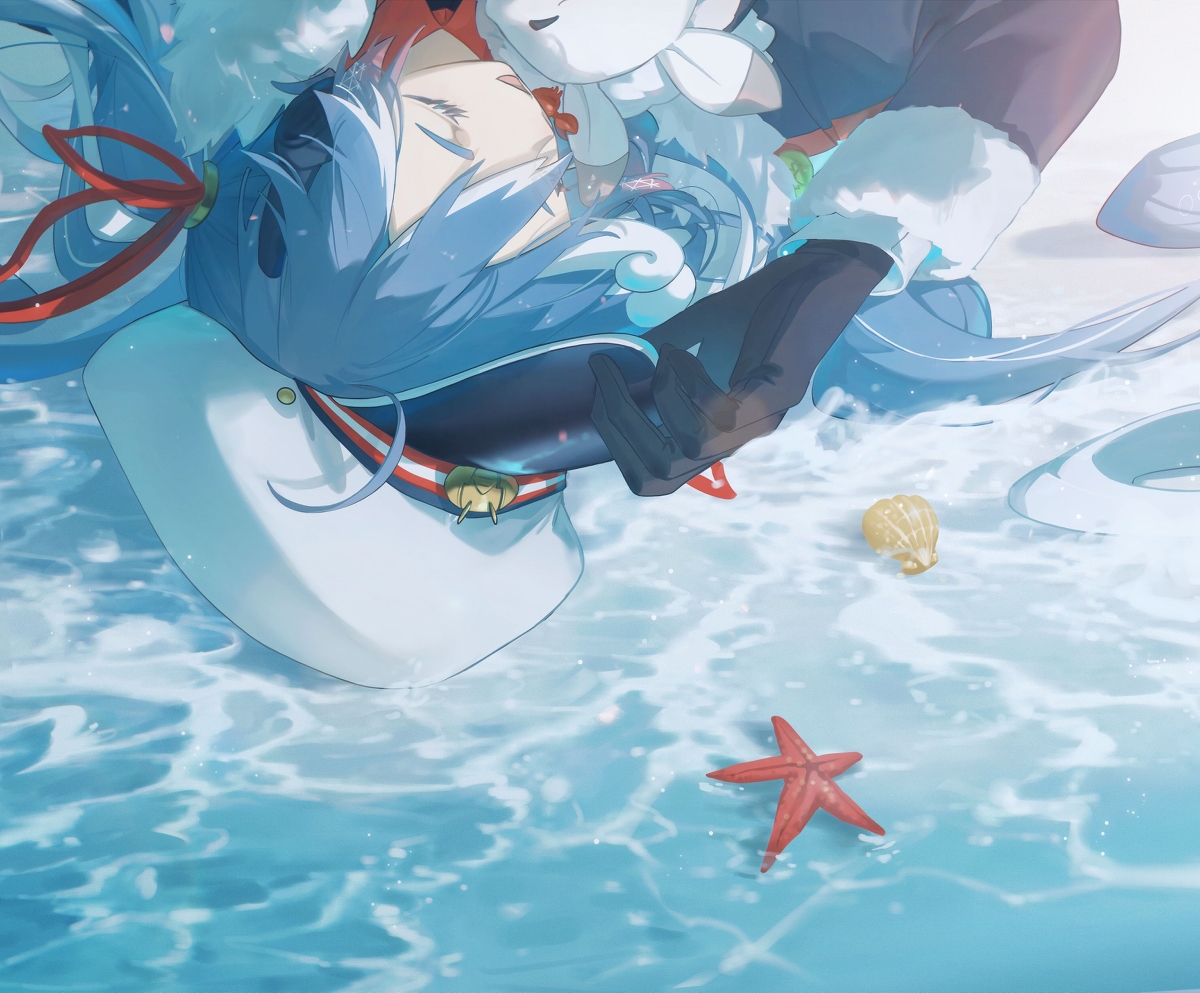 an anime girl with blue hair is lying in the water next to a starfish and seashell. she is wearing black gloves and a white and blue outfit with a red ribbon. she is holding a white stuffed animal. the water is clear and blue.