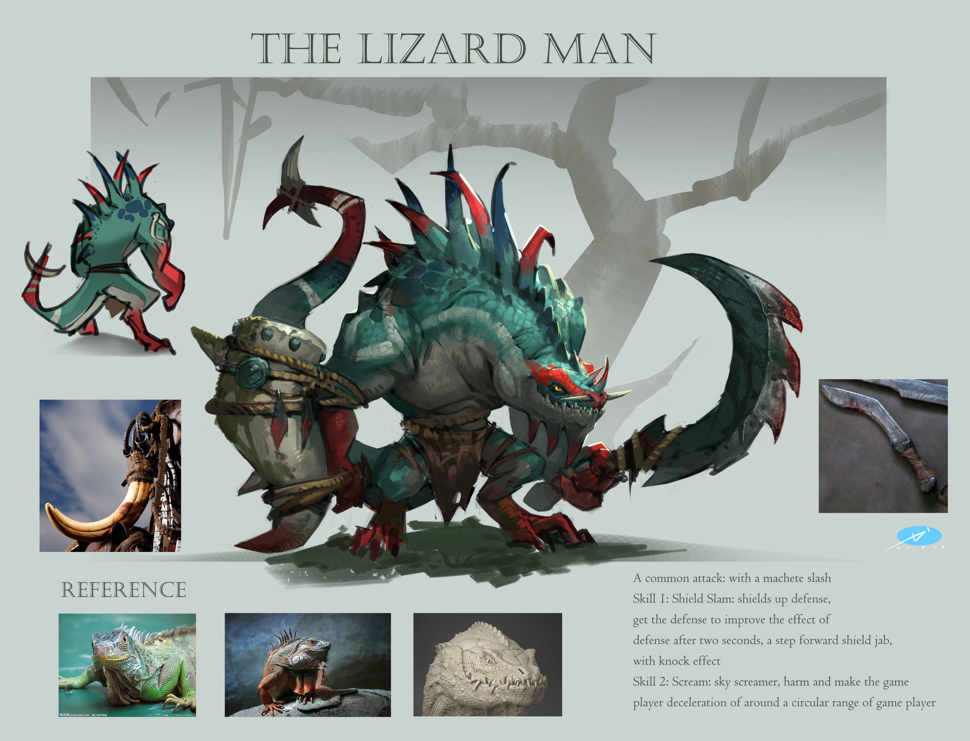 a concept art piece showcasing a "lizard man" character, likely designed for a video game.  the image includes:  main illustration: a dynamic, fullbody illustration of the lizard man, wielding a bonelike machete and adorned with tribalinspired attire. the pose suggests a midattack stance. smaller illustrations: two smaller images showcasing different angles and details of the lizard man's head and upper body. reference images: two realworld photographs of iguanas, likely serving as inspiration for the creature's design. textual description:  information about the lizard man's common attack and two special skills ("shield slam" and "scream"), outlining their effects in gameplay.
