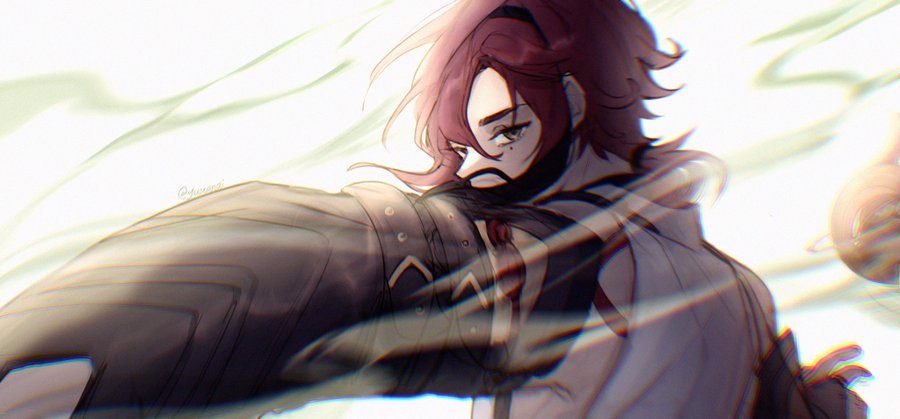 this is a digital illustration of a female anime character. she has long red hair, green eyes, and is wearing a white shirt, a black jacket, and a black mask. she is shown in a dynamic pose as she raises her gloved arm and prepares to strike. the image has a blurry and swirling background, which adds to the feeling of motion and action. the overall style is similar to that of manga, with a focus on dynamic poses, expressive eyes, and vibrant colors.