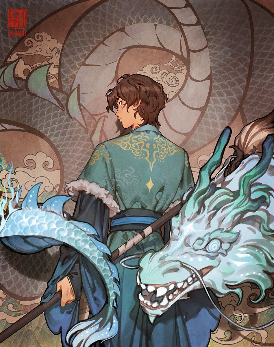a man stands with his back to the viewer, looking over his shoulder at a dragon. he wears a teal robe with gold accents and a fur collar. he holds a staff with two dragon heads on either end. the dragon is a large, brown and gray creature with a long tail.
