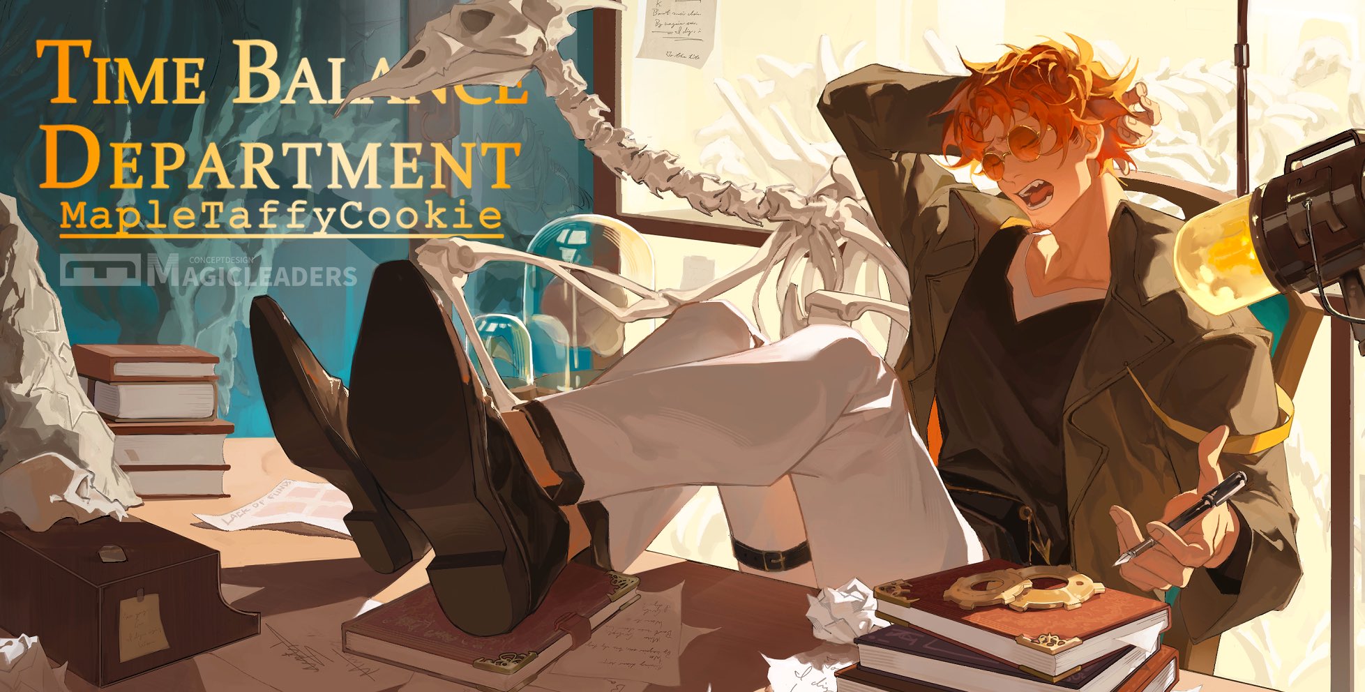 the illustration features a male character with orange hair and sunglasses, casually lounging at his desk in a dimly lit office. he's dressed in a stylish ensemble with a green jacket and white pants, his feet resting atop a stack of worn books.  he holds a quill pen, seemingly engrossed in his work on the open pages before him. the desk is cluttered with more books, a vintage microphone, and interestingly, a whimsical detail  a skeletal hand emerges playfully from a stack of papers. a banner above proclaims this to be the "time balance department," hinting at the character's occupation. the overall ambiance is one of relaxed competence, imbued with a touch of arcane whimsy.