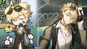 the image shows two illustrations of the same cartoon character. the character has blond hair and is wearing sunglasses. in both illustrations, the character is holding a playing card with a heart on it. in the first illustration, the character is also holding a glass of yellow liquid and is surrounded by flowers and greenery. the second illustration is a more detailed depiction of the character, showing them wearing a choker necklace and a jacket. in the background, there is text that says "2022".