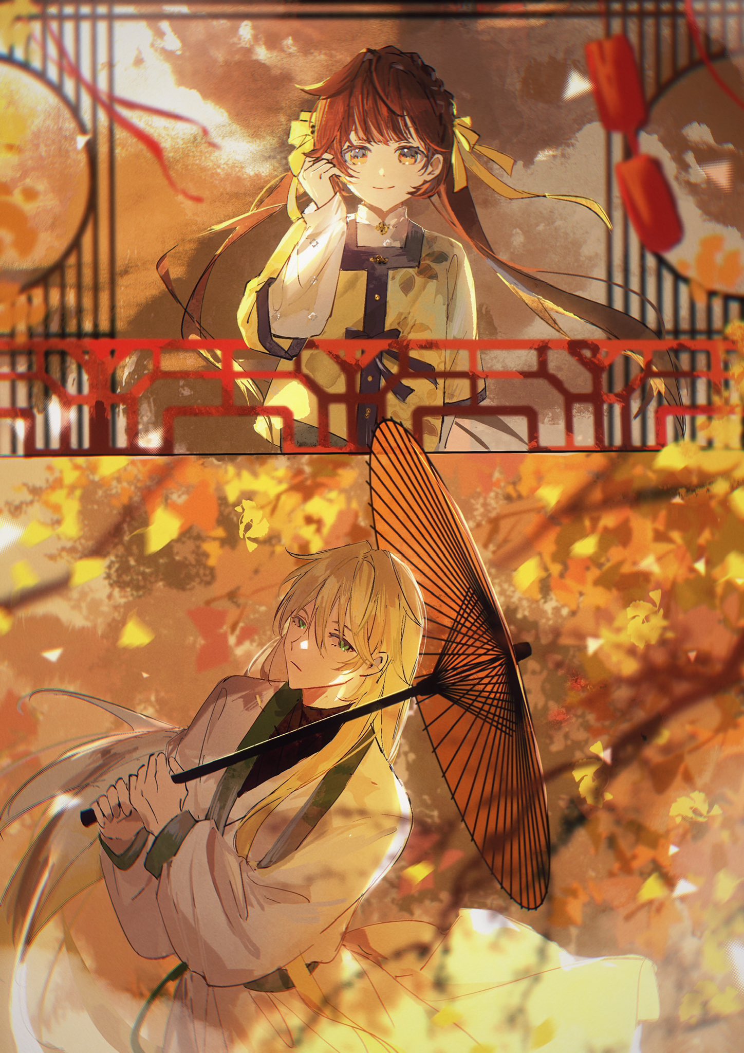 this is a digital illustration of two anime characters, a woman and a man, dressed in traditional east asian clothing, possibly a kimono. they appear to be in a romantic setting, surrounded by autumn leaves in warm colours. the woman is seen on a balcony with a wooden handrail and the man below her with an umbrella. they both seem to be smiling and enjoying the moment. the overall atmosphere is sweet and romantic, suggesting a connection between the two individuals. the image captures a beautiful moment with a sense of peace and harmony.