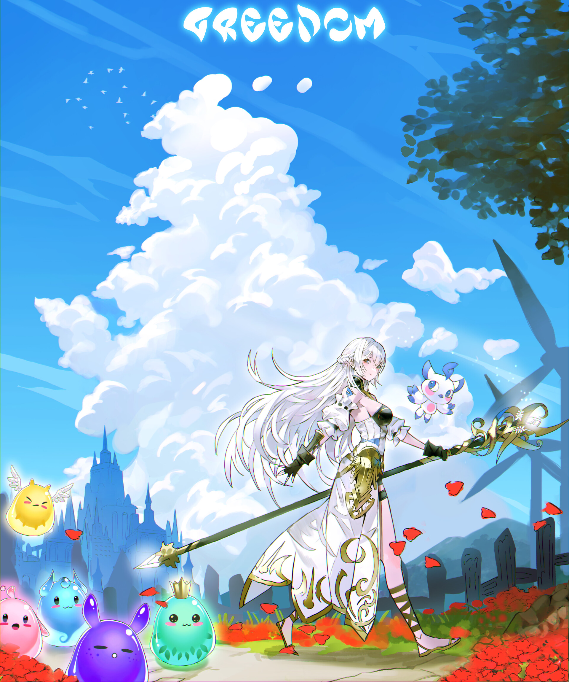 the image is a vibrant, animestyle illustration featuring a fairskinned woman with long, flowing white hair, who appears to be an elf or a similar fantasy character. she is dressed in a white gown with golden embellishments and is holding a staff. a small, winged creature is floating next to her, likely her sidekick. in the foreground are colorful, semitransparent slimes of different shapes and sizes, some with crowns or wings. behind the woman, there is a lush landscape with a windmill, a castle in the distance, and a blue sky filled with puffy white clouds. red petals are scattered on the ground. the word "greedom" is written in glowing white letters at the top of the image.