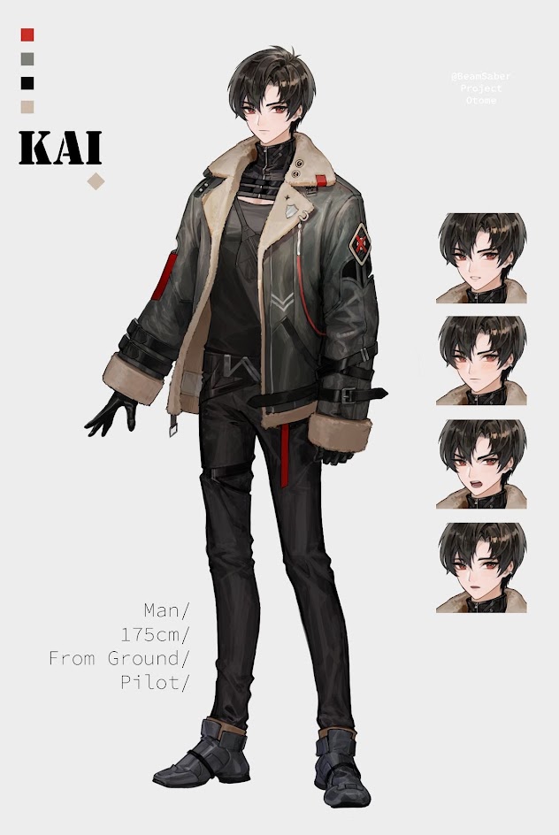 this is an illustration of an anime character called kai. he is a man who is a pilot and is 175cm tall. he is wearing a black jacket with fur, black pants, and black boots. there are also different facial expressions of him in a box on the right side of the image.