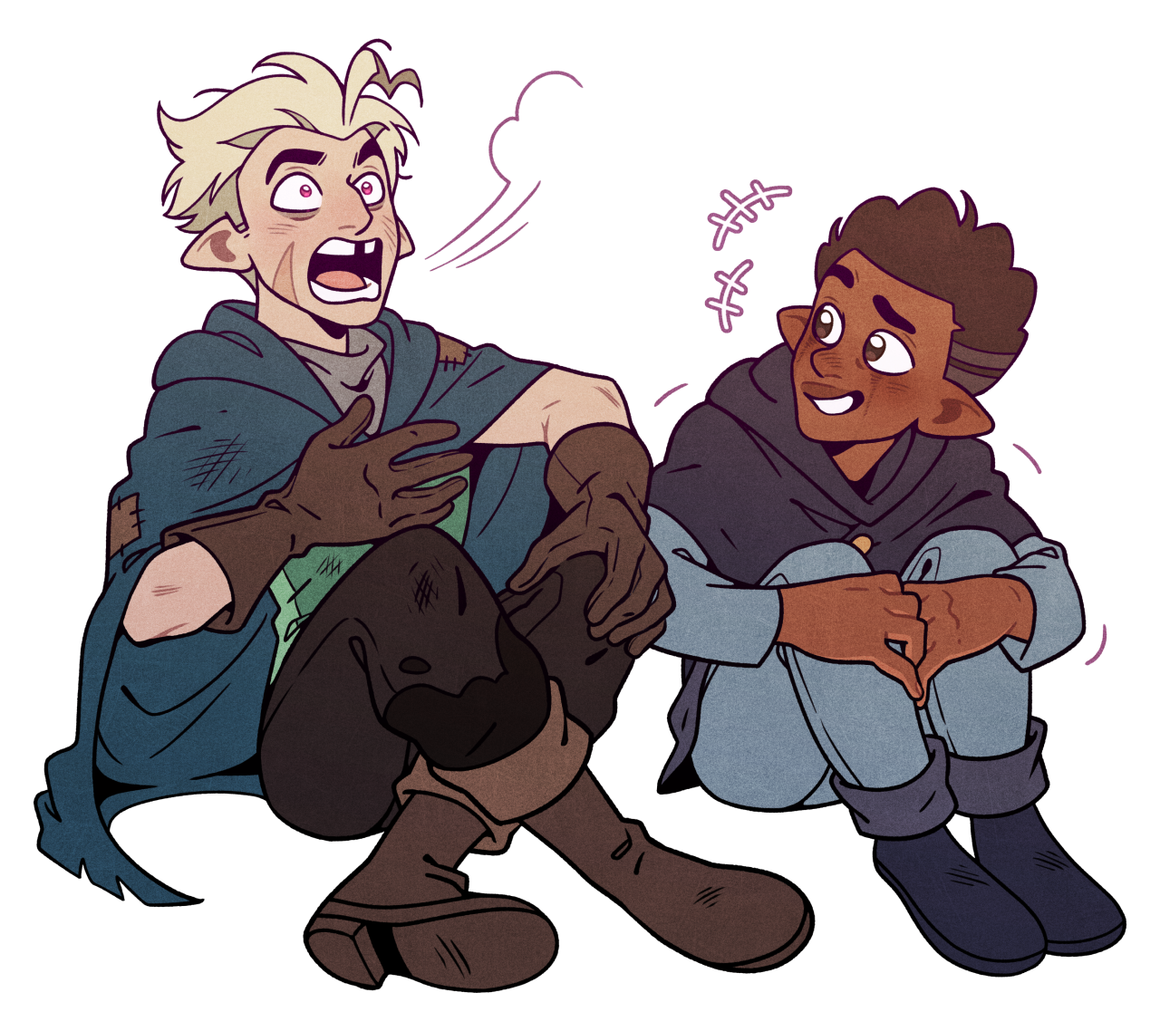 two elves are sitting together. the one on the left is lightskinned with blond hair and is gesturing excitedly while speaking. the one on the right is brownskinned with dark hair and is listening intently, a small smile on his face. the style of the art is cartoon.