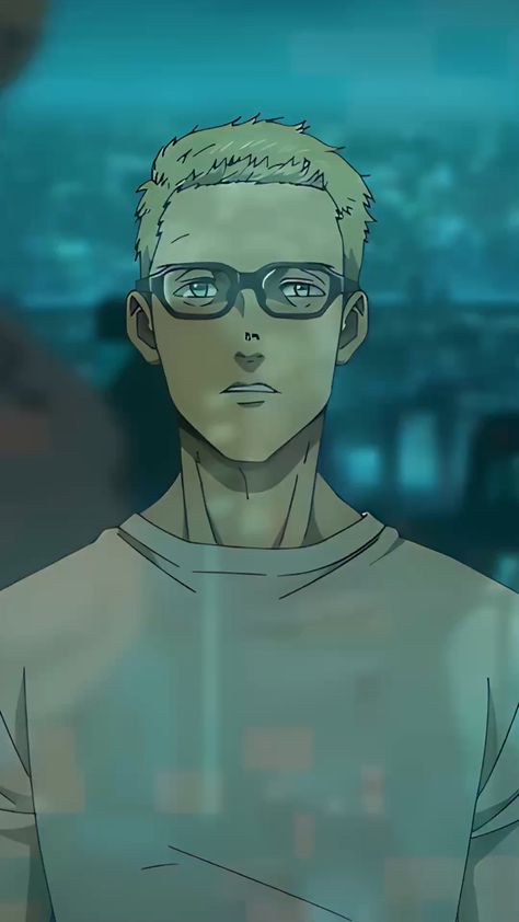 this is an illustration of an anime character, a young blond man with glasses, standing against a blurred, bluegreen background suggesting a cityscape seen through a window. he is depicted from the chest up, wearing a white tshirt, and has a neutral, perhaps slightly sad, expression on his face. his gaze is directed straight ahead. the image utilizes a limited color palette dominated by cool tones, emphasizing the character’s contemplative mood.