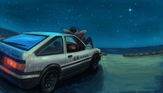 a white toyota ae86 with star decals is parked by the sea at night. the sky is dark blue and filled with stars, one of which is especially bright. a young woman is sitting on the hood of the car, leaning back and looking up at the stars. the scene is lit by the starlight and the car's taillights.
