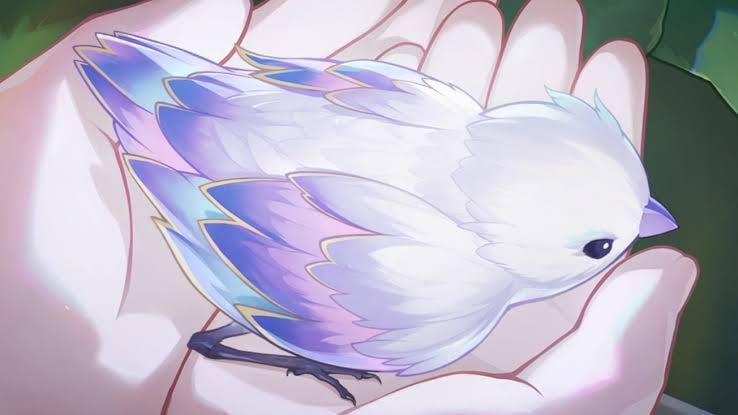 the image is a digital illustration in an anime style depicting a small, fantastical bird.  the bird is predominantly white, but its feathers have soft pastel shades of purple, blue, and pink, giving it a magical or ethereal appearance. the bird is being gently cradled in a pair of hands, emphasizing its delicate nature. the overall style is whimsical and calming, with soft lighting and a pastel color palette.  the background is blurry and indistinct, focusing attention on the bird.