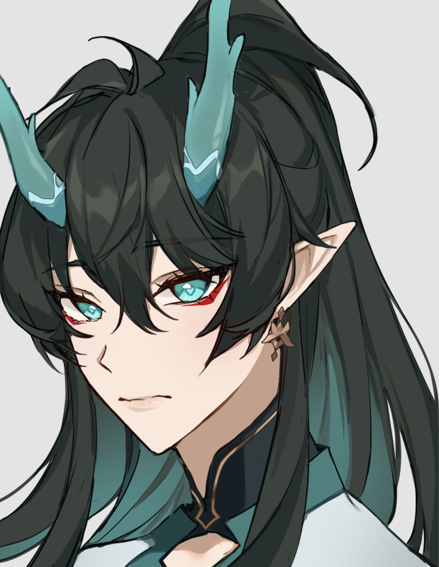 this is a closeup digital illustration of an anime character with long black hair pulled back in a ponytail, she has blue eyes with red eyeliner, and she is wearing black and white clothing with an elegant collar.
