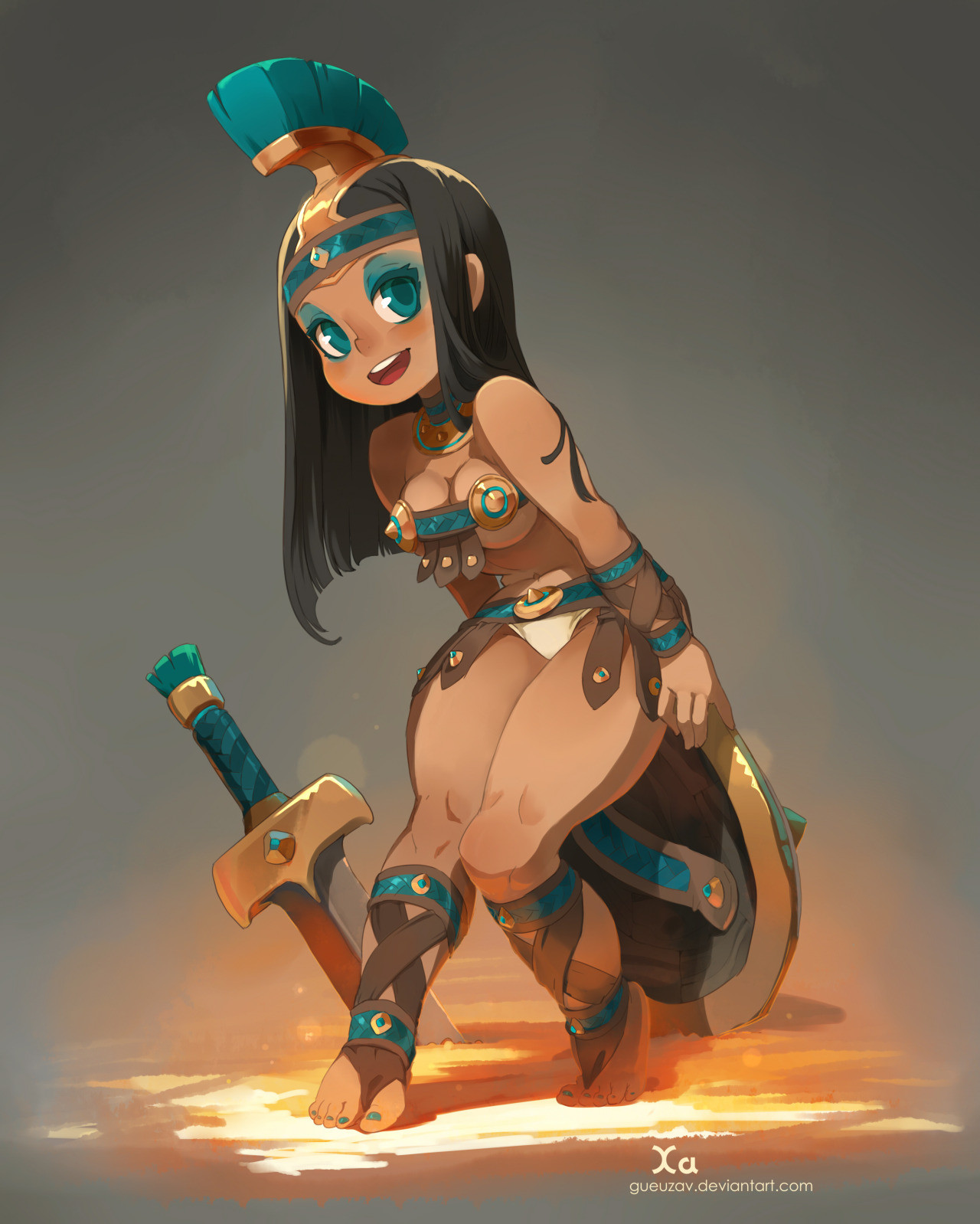 this is a digital illustration of an anime warrior woman. she has long dark hair and bright blue eyes, and is wearing a gold and green armor. she is holding a sword and shield in her hands, and is standing on a fire background. she is smiling and looking to the right, looking confident and ready to fight.