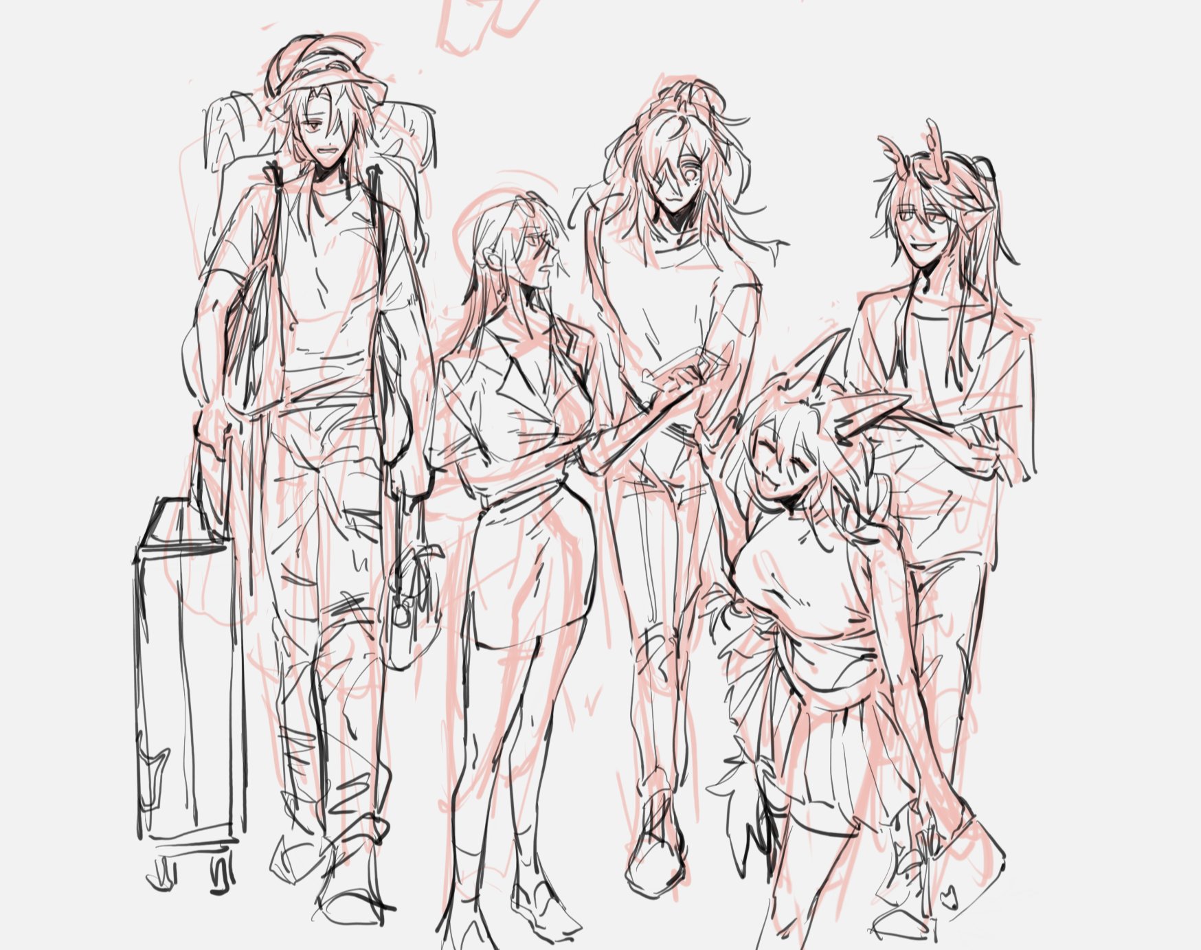 this is a digital sketch of five cartoon characters, three female and two male, in various casual outfits, posing as if they are waiting for their flight at the airport. the scene is a quick sketch style, with minimal details.
