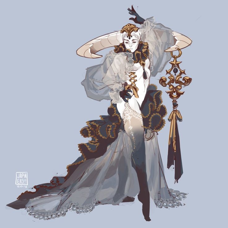 a whimsical fantasy character design of a female humanoid creature with long, flowing white dress and horns, adorned with gold jewelry and accessories, holding a keyshaped ornament with a crescent moon. the art is digital and has a whimsical, elegant, and ethereal style. the figure is standing gracefully with a confident pose. the background is a light blue, creating a contrast with the character's vibrant outfit.