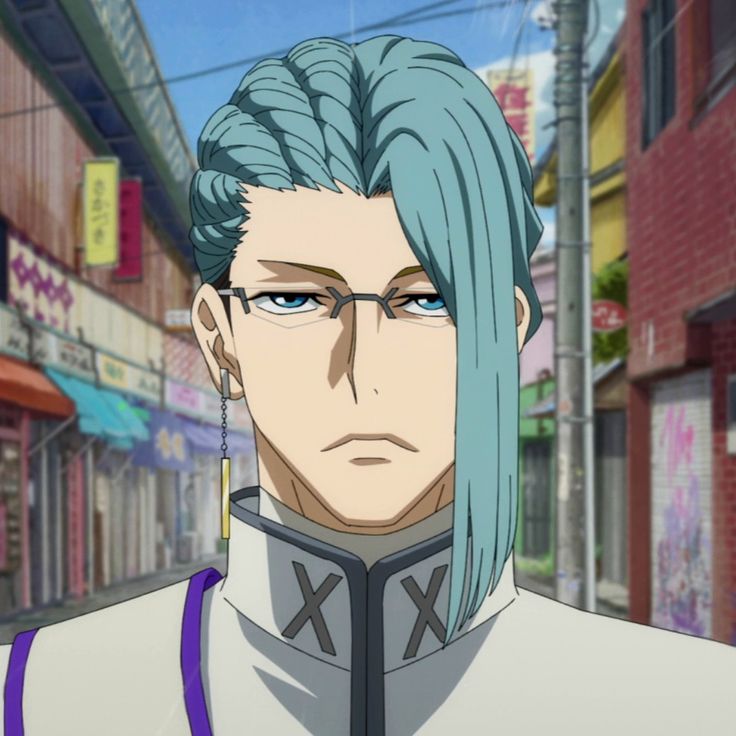 this is an animestyle drawing of a male character. he has teal blue hair styled with a braid on one side, partially covering his face. he is wearing round glasses with thin frames and has a serious facial expression. he's also wearing a long, dangling, single earring and a white jacket with a high collar and black "xx" design on the front. the background suggests an urban setting with buildings and storefronts visible. the overall lighting is soft, contributing to a neutral mood.